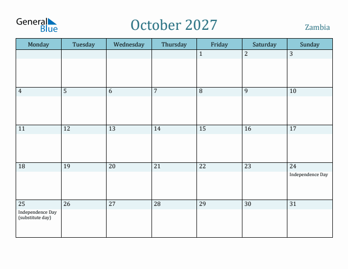 October 2027 Calendar with Holidays