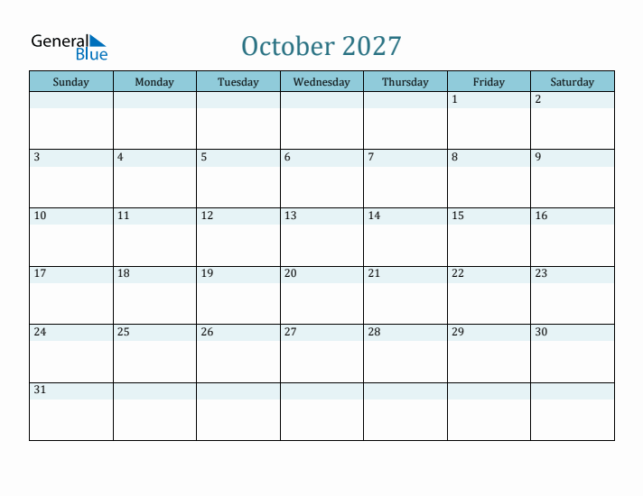 October 2027 Monthly Calendar Template (Sunday Start)