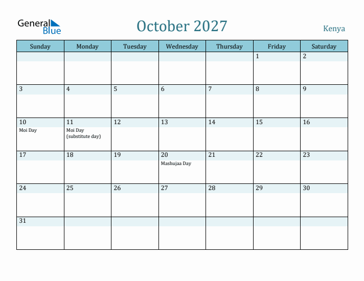 October 2027 Calendar with Holidays