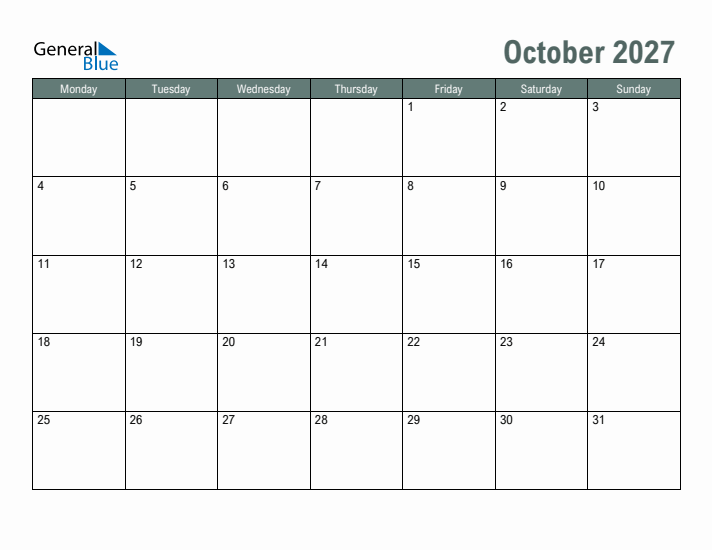 Free Printable October 2027 Calendar