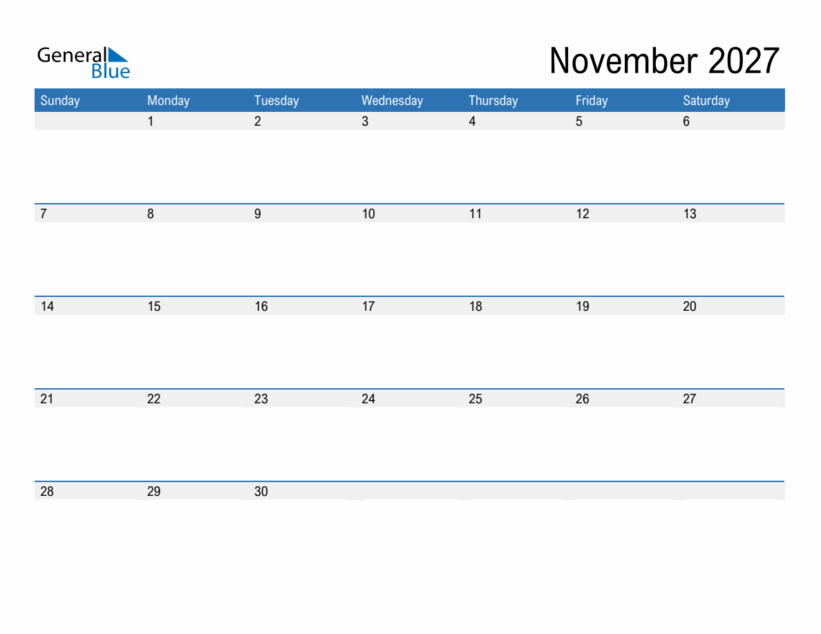 November 2027 Monthly Calendar (PDF, Word, Excel)