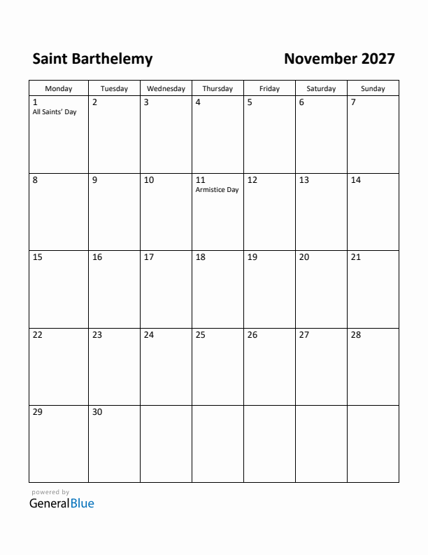 November 2027 Calendar with Saint Barthelemy Holidays