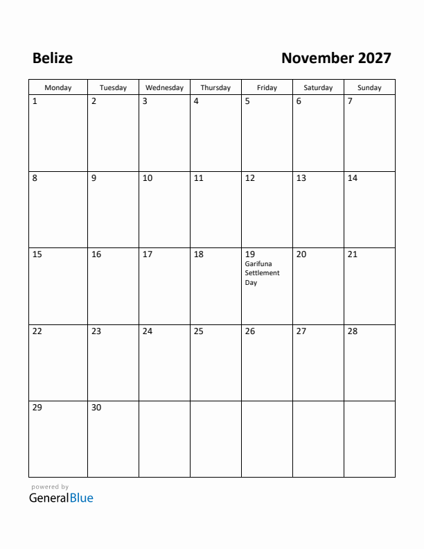 November 2027 Calendar with Belize Holidays