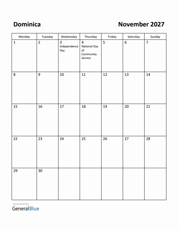 November 2027 Calendar with Dominica Holidays