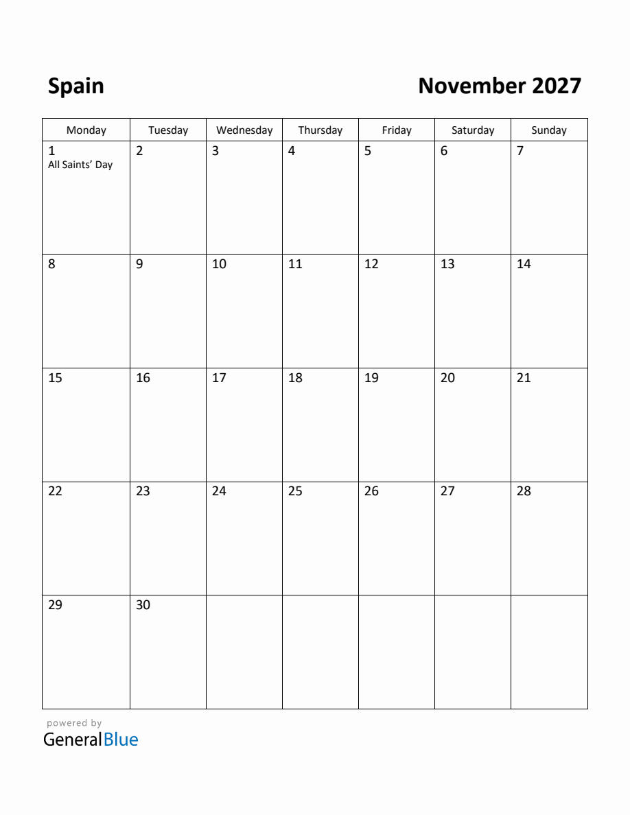 Free Printable November 2027 Calendar for Spain