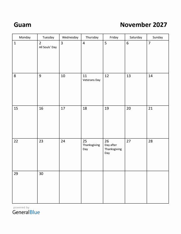 November 2027 Calendar with Guam Holidays