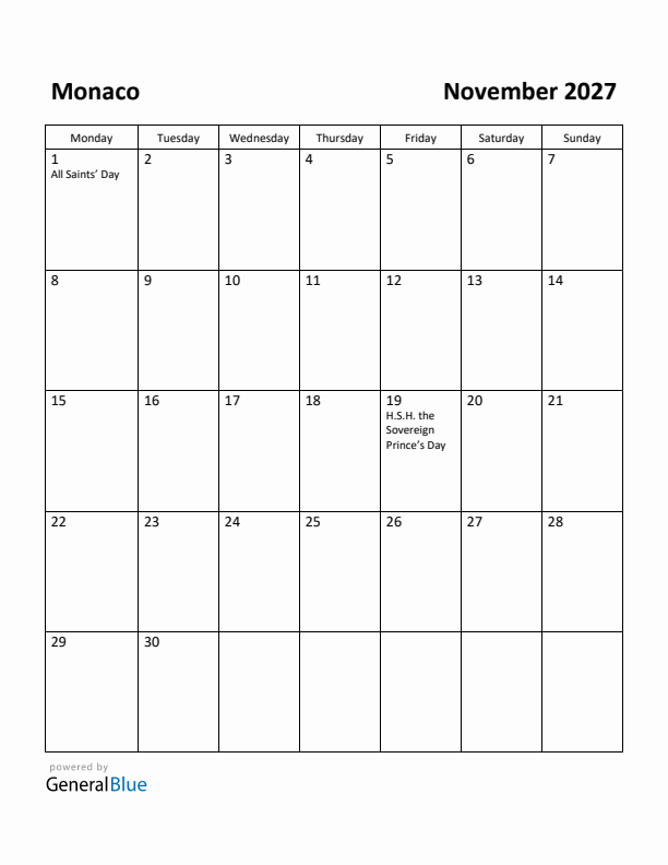 November 2027 Calendar with Monaco Holidays