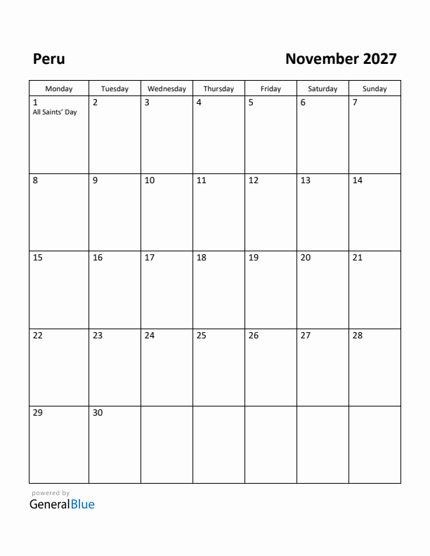 November 2027 Calendar with Peru Holidays