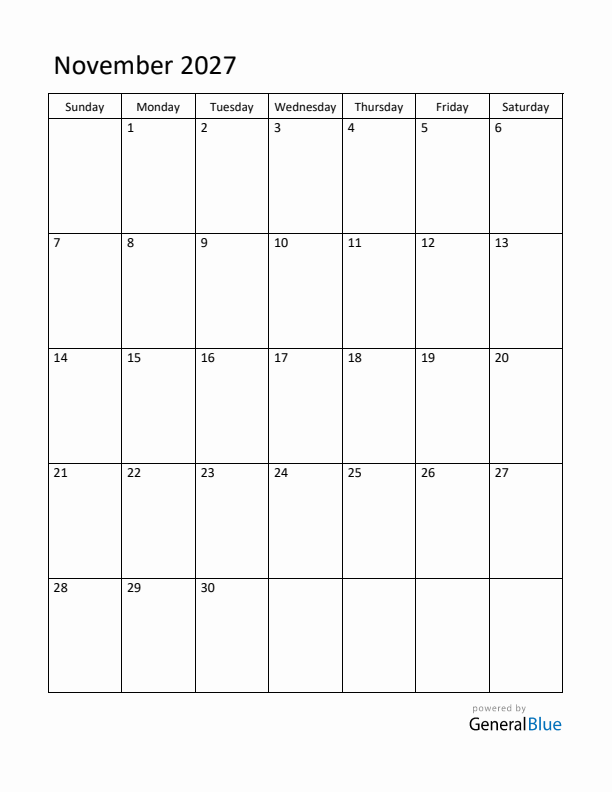 Sunday Start Calendar for November 2027