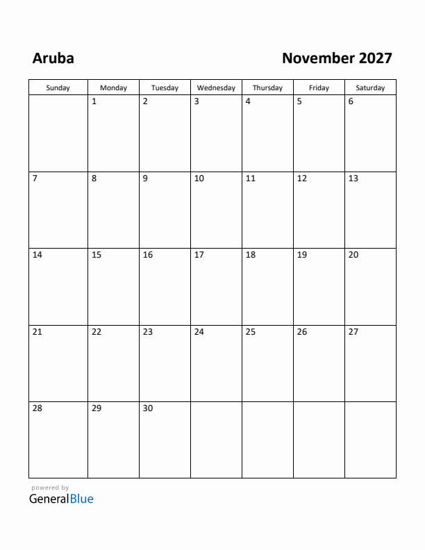 November 2027 Calendar with Aruba Holidays