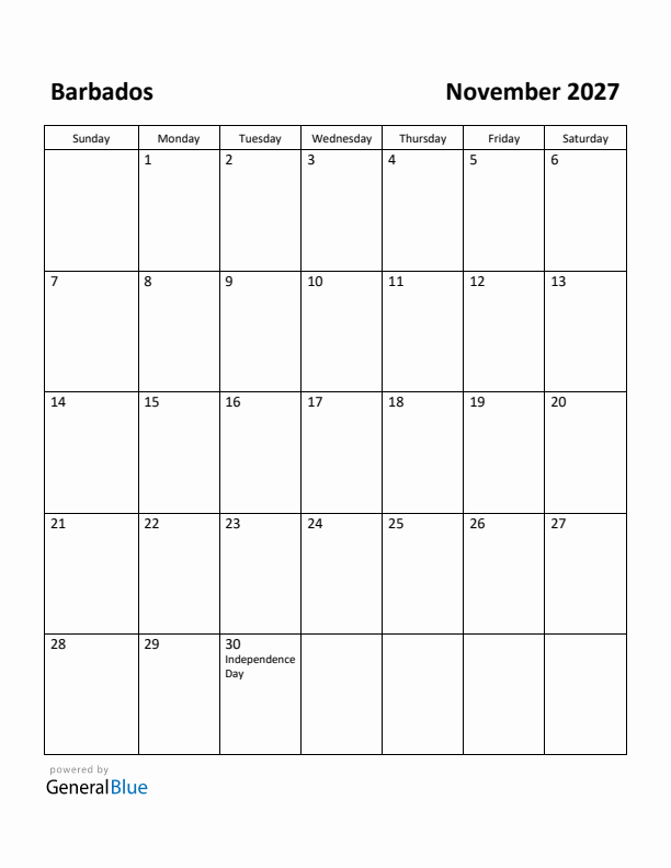 November 2027 Calendar with Barbados Holidays