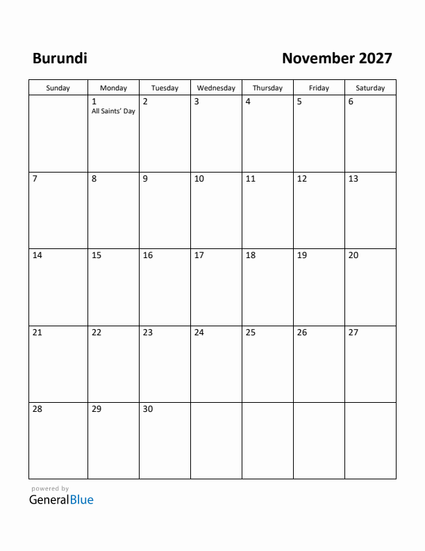 November 2027 Calendar with Burundi Holidays