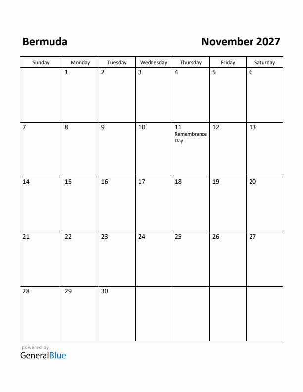 November 2027 Calendar with Bermuda Holidays