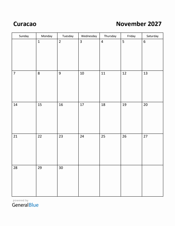 November 2027 Calendar with Curacao Holidays