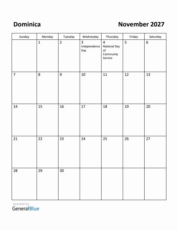 November 2027 Calendar with Dominica Holidays