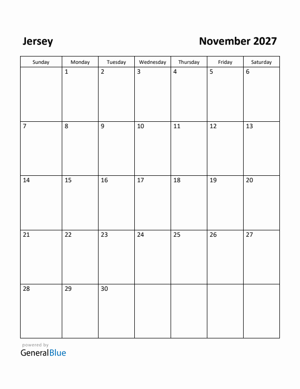 November 2027 Calendar with Jersey Holidays