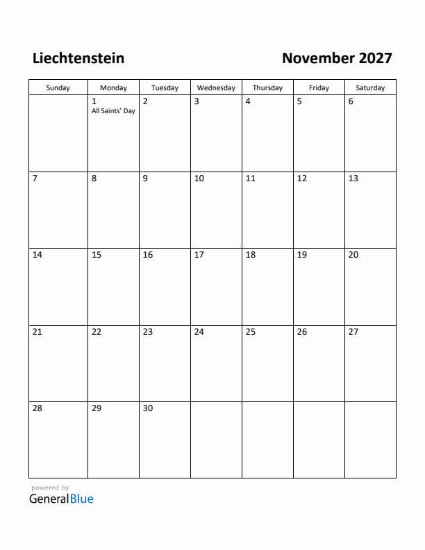 November 2027 Calendar with Liechtenstein Holidays