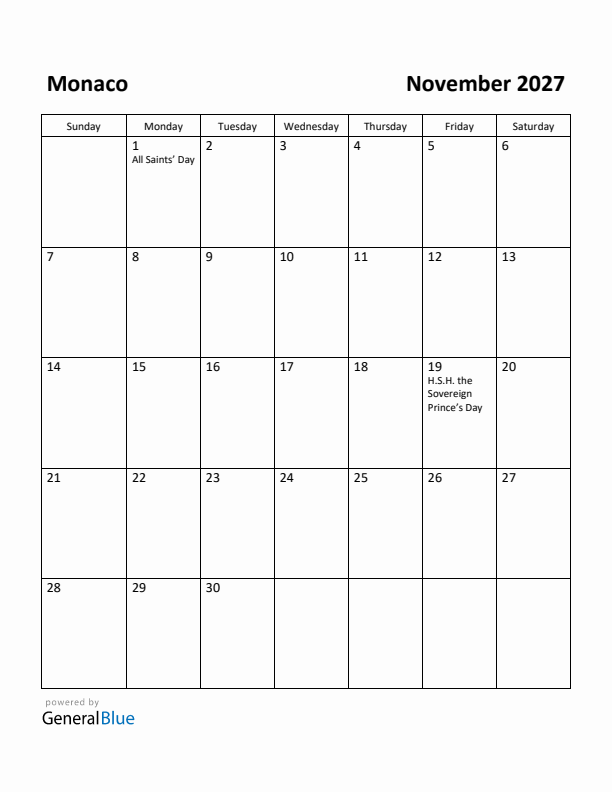 November 2027 Calendar with Monaco Holidays
