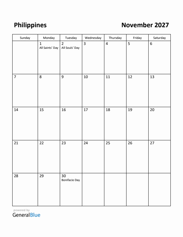 November 2027 Calendar with Philippines Holidays