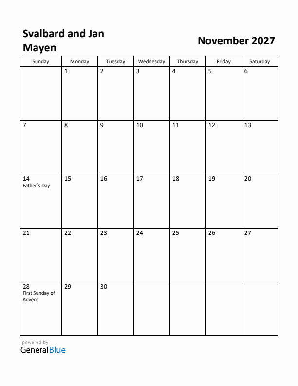 November 2027 Calendar with Svalbard and Jan Mayen Holidays