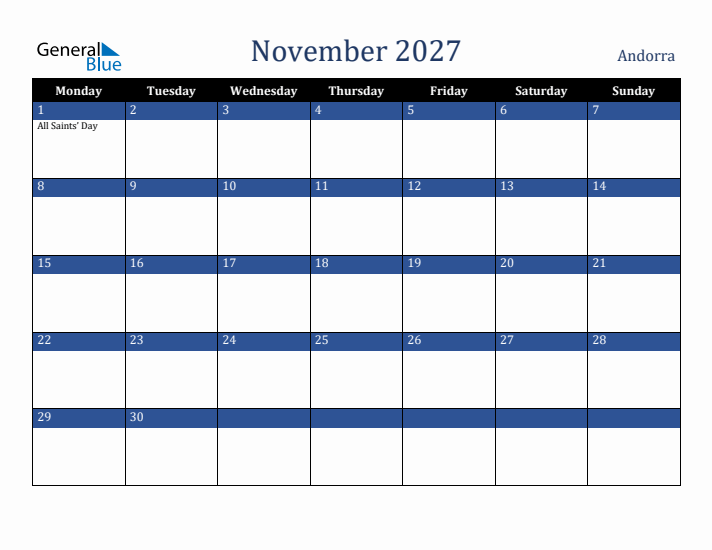 November 2027 Andorra Calendar (Monday Start)