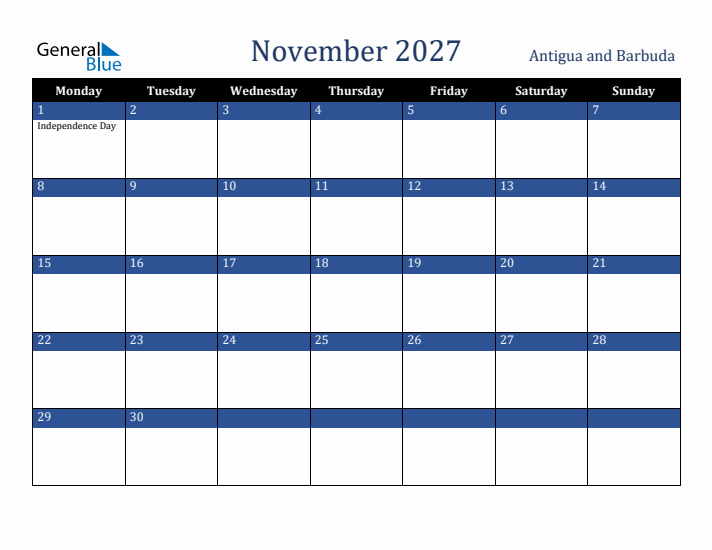November 2027 Antigua and Barbuda Calendar (Monday Start)