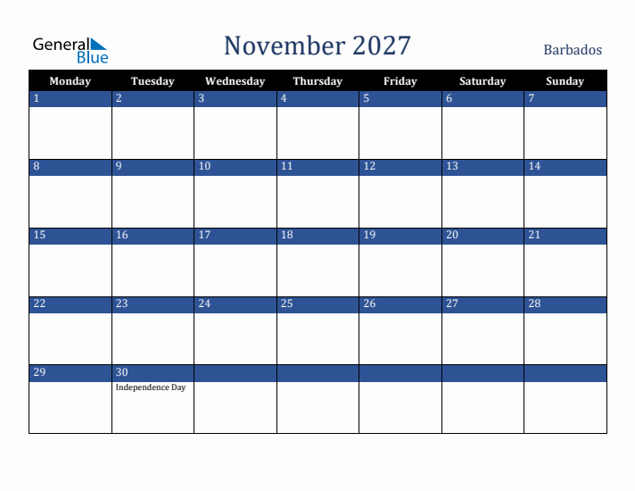 November 2027 Barbados Calendar (Monday Start)
