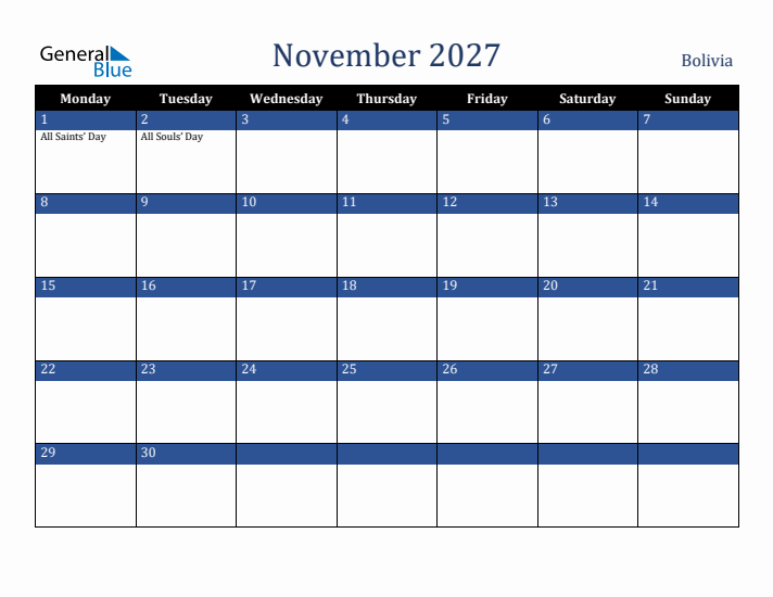 November 2027 Bolivia Calendar (Monday Start)