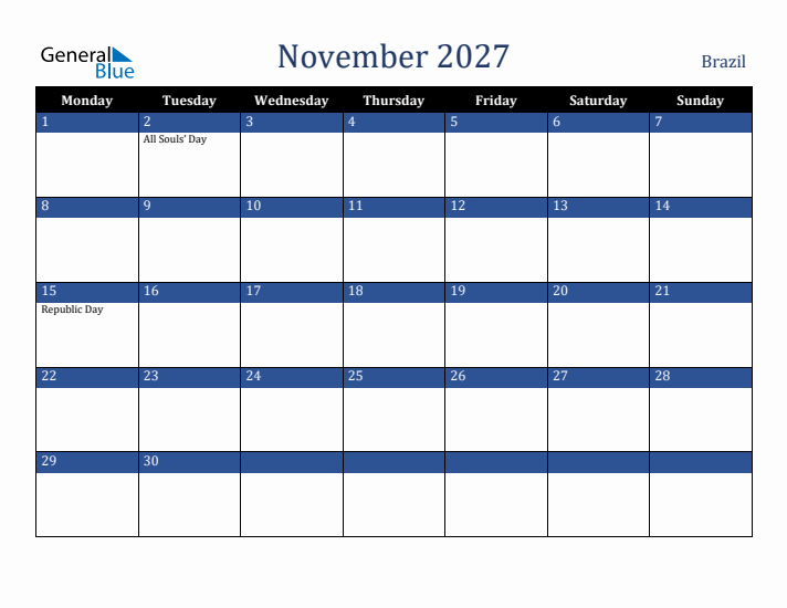 November 2027 Brazil Calendar (Monday Start)