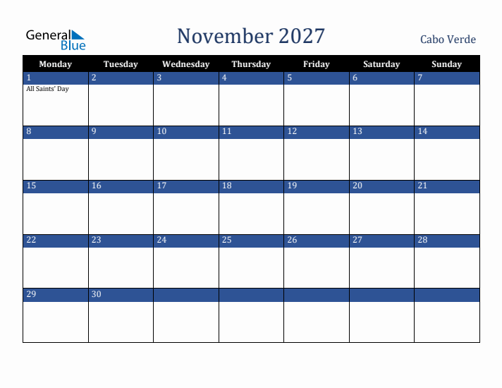 November 2027 Cabo Verde Calendar (Monday Start)