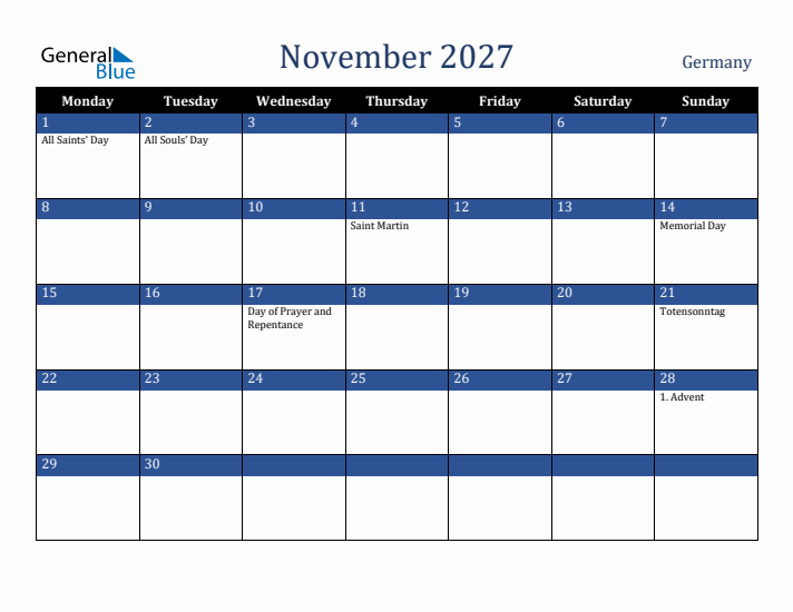 November 2027 Germany Calendar (Monday Start)