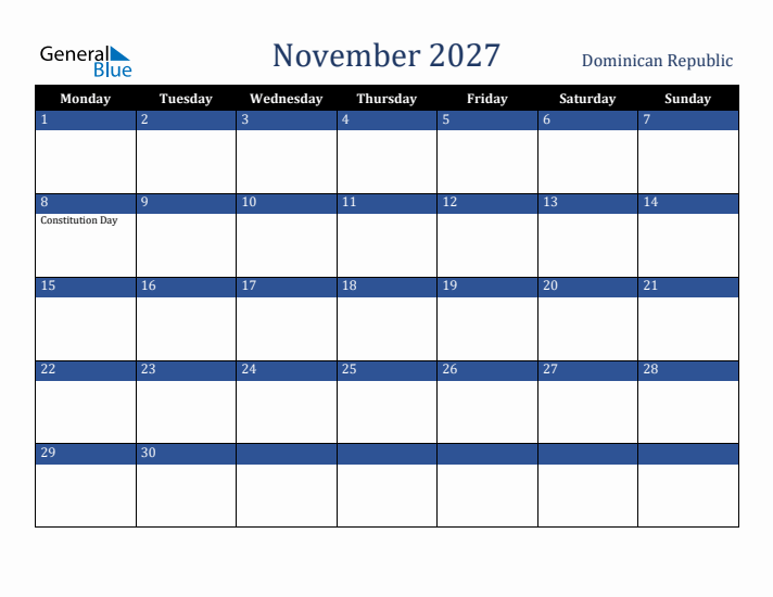 November 2027 Dominican Republic Calendar (Monday Start)
