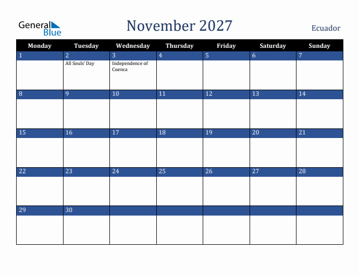 November 2027 Ecuador Calendar (Monday Start)