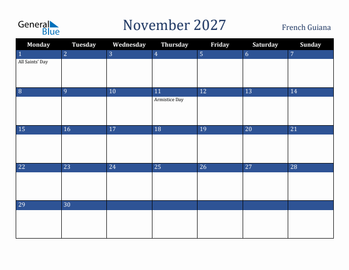 November 2027 French Guiana Calendar (Monday Start)