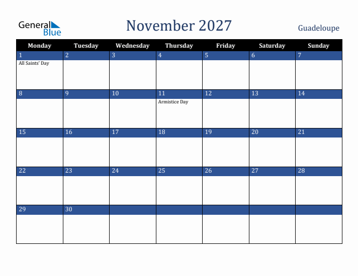 November 2027 Guadeloupe Calendar (Monday Start)