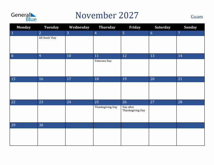 November 2027 Guam Calendar (Monday Start)