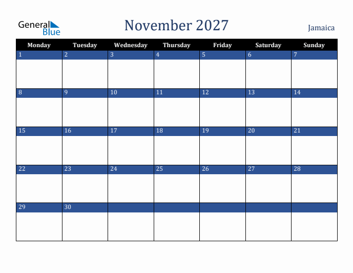 November 2027 Jamaica Calendar (Monday Start)