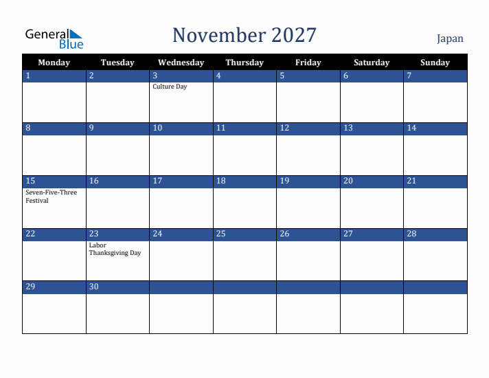 November 2027 Japan Calendar (Monday Start)