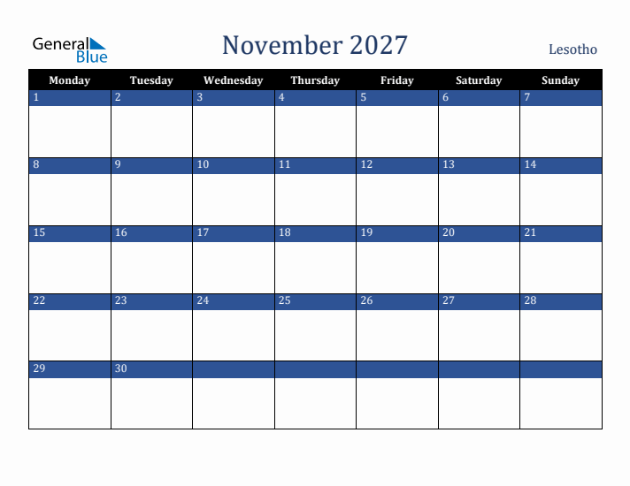 November 2027 Lesotho Calendar (Monday Start)