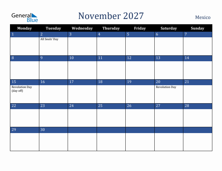 November 2027 Mexico Calendar (Monday Start)