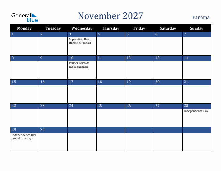 November 2027 Panama Calendar (Monday Start)