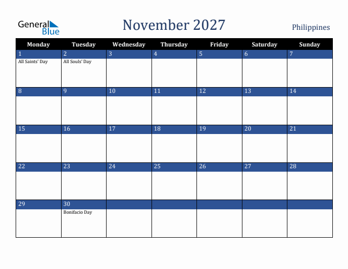 November 2027 Philippines Calendar (Monday Start)
