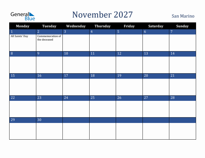 November 2027 San Marino Calendar (Monday Start)