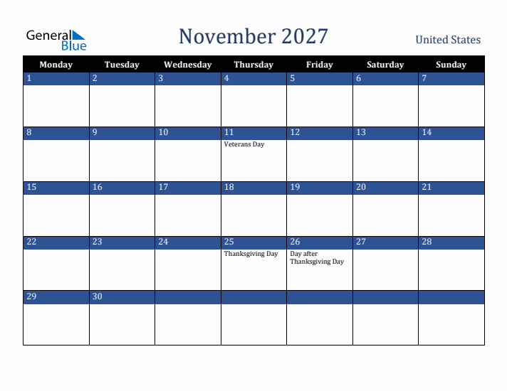 November 2027 United States Calendar (Monday Start)
