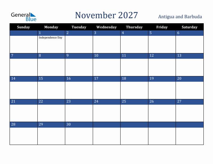 November 2027 Antigua and Barbuda Calendar (Sunday Start)
