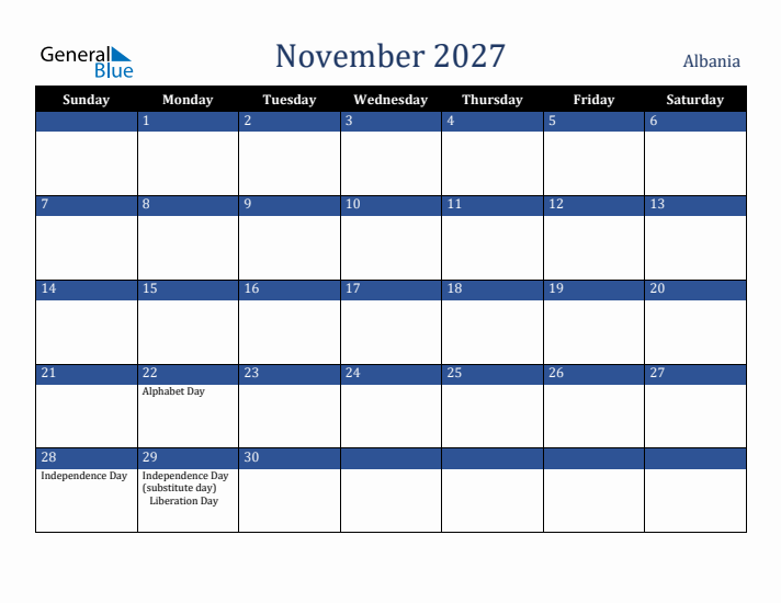 November 2027 Albania Calendar (Sunday Start)