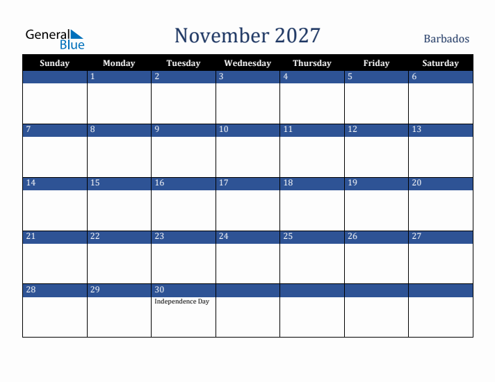 November 2027 Barbados Calendar (Sunday Start)