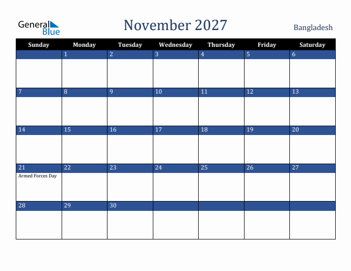 November 2027 Bangladesh Calendar (Sunday Start)
