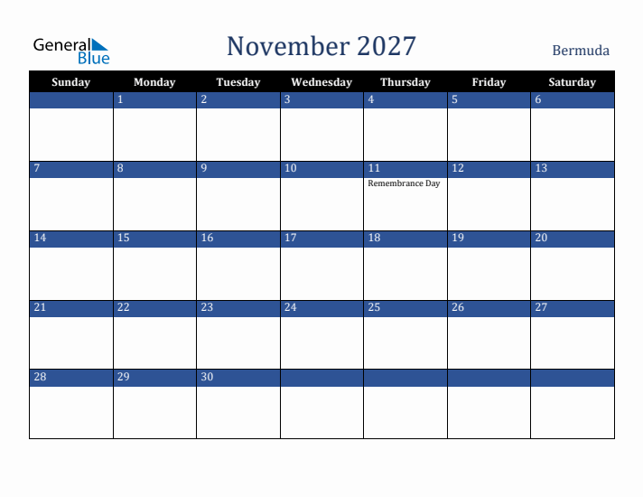 November 2027 Bermuda Calendar (Sunday Start)
