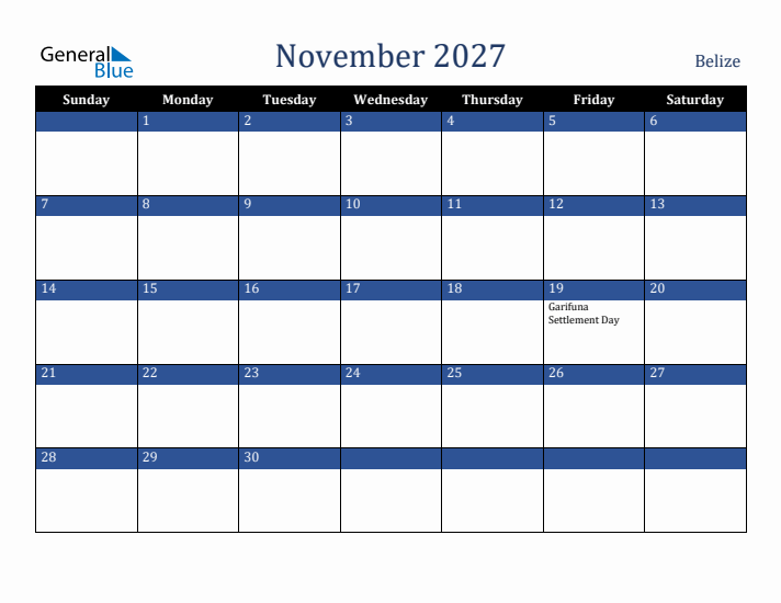 November 2027 Belize Calendar (Sunday Start)